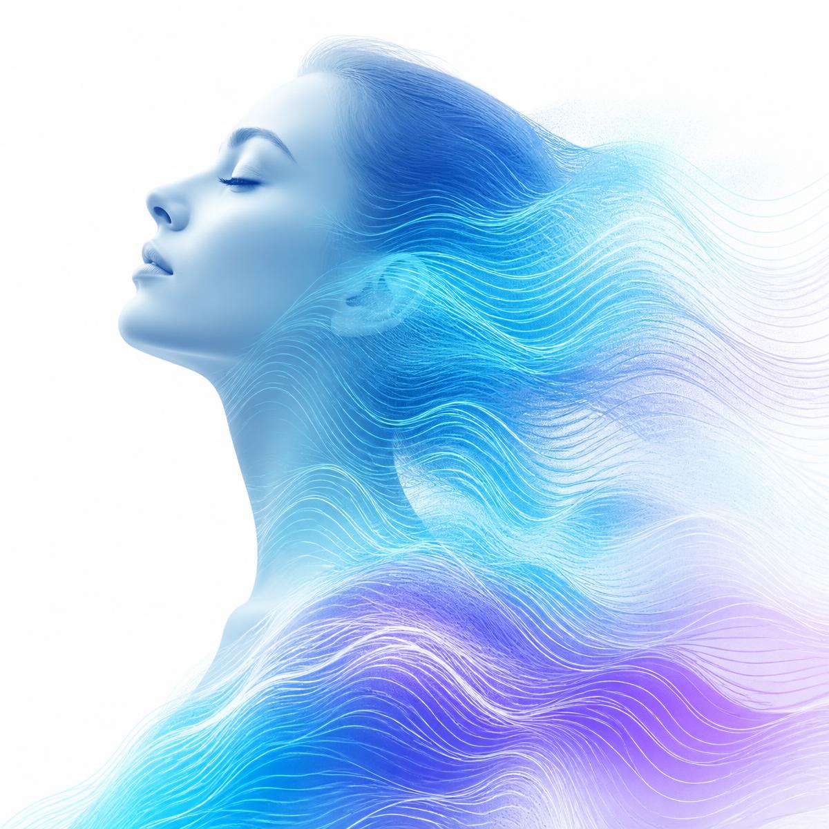 Woman in a state of calm surrounded by flowing sensory waves